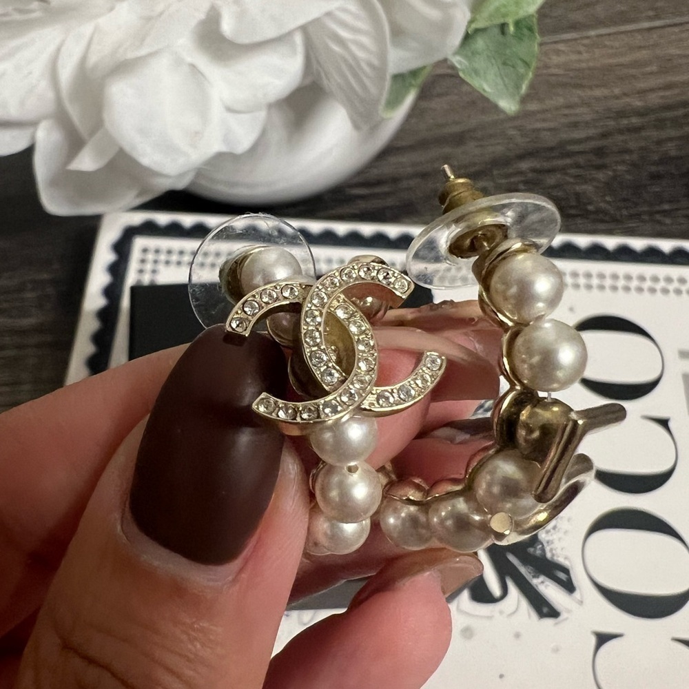 Chanel Gold 5 & Crystal CC Faux Pearl Hoop Earrings - Picture 2 of 10
